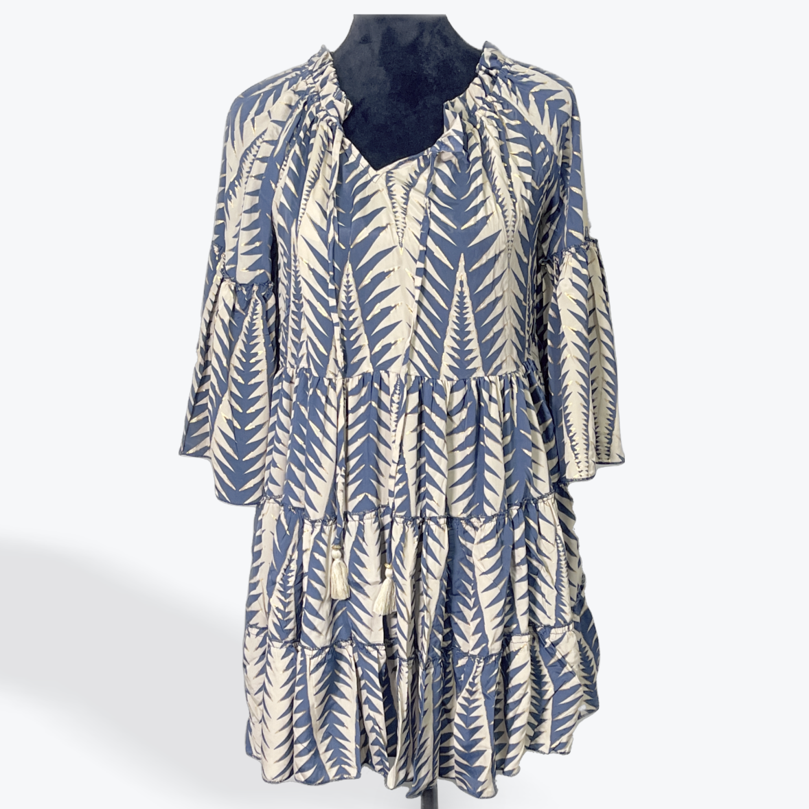 Tier Ruffle Shirt/Dress with 3/4 Sleeve: Tan/Blue/Gold