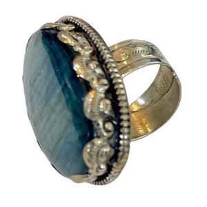 TIBETAN SILVER RING WITH LARGE OVAL LABRADORITE