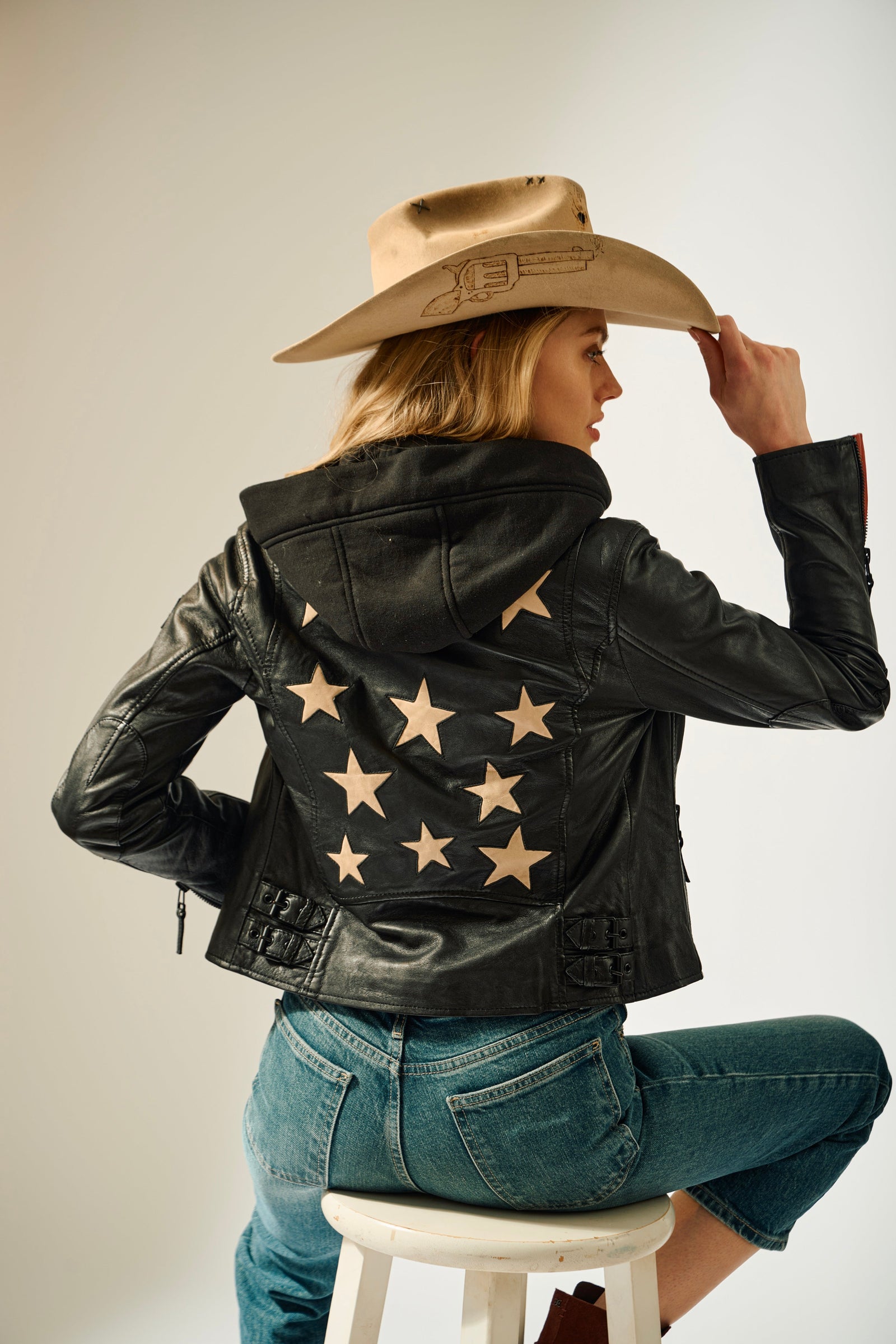 Christyn RF Star Detail with Hood Leather Jacket
