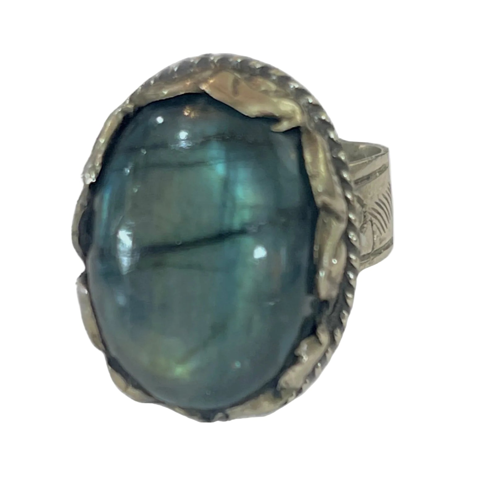 TIBETAN SILVER RING WITH OVAL RAINBOW MOONSTONE