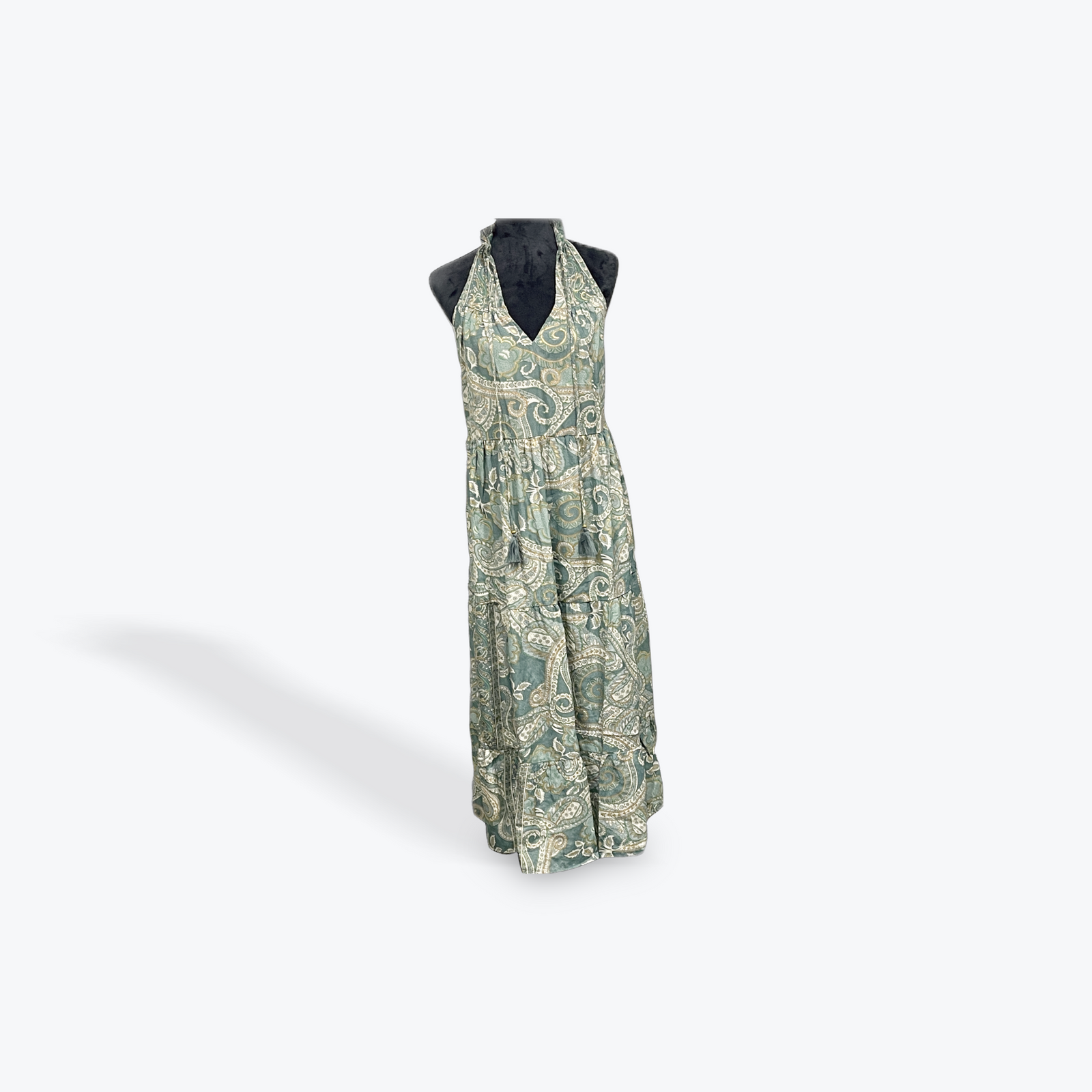 Ruffle Neck Long Maxi: Green Paisley