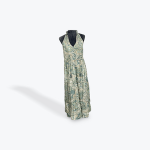 Ruffle Neck Long Maxi: Green Paisley