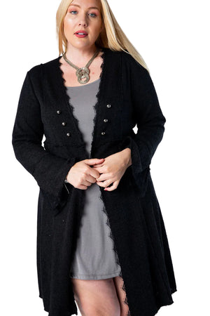 FLARED CUFF LONG SLEEVE KNIT OPEN FRONT JACKET WITH LACE