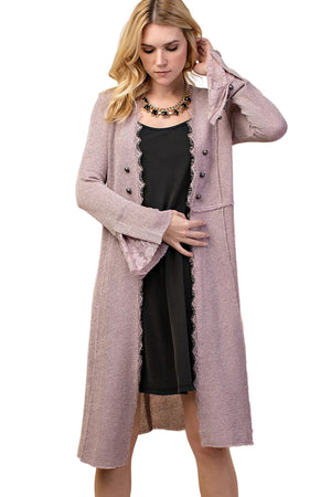 FLARED CUFF LONG SLEEVE KNIT OPEN FRONT JACKET WITH LACE