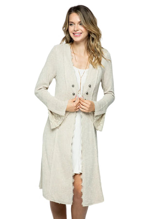 FLARED CUFF LONG SLEEVE KNIT OPEN FRONT JACKET WITH LACE