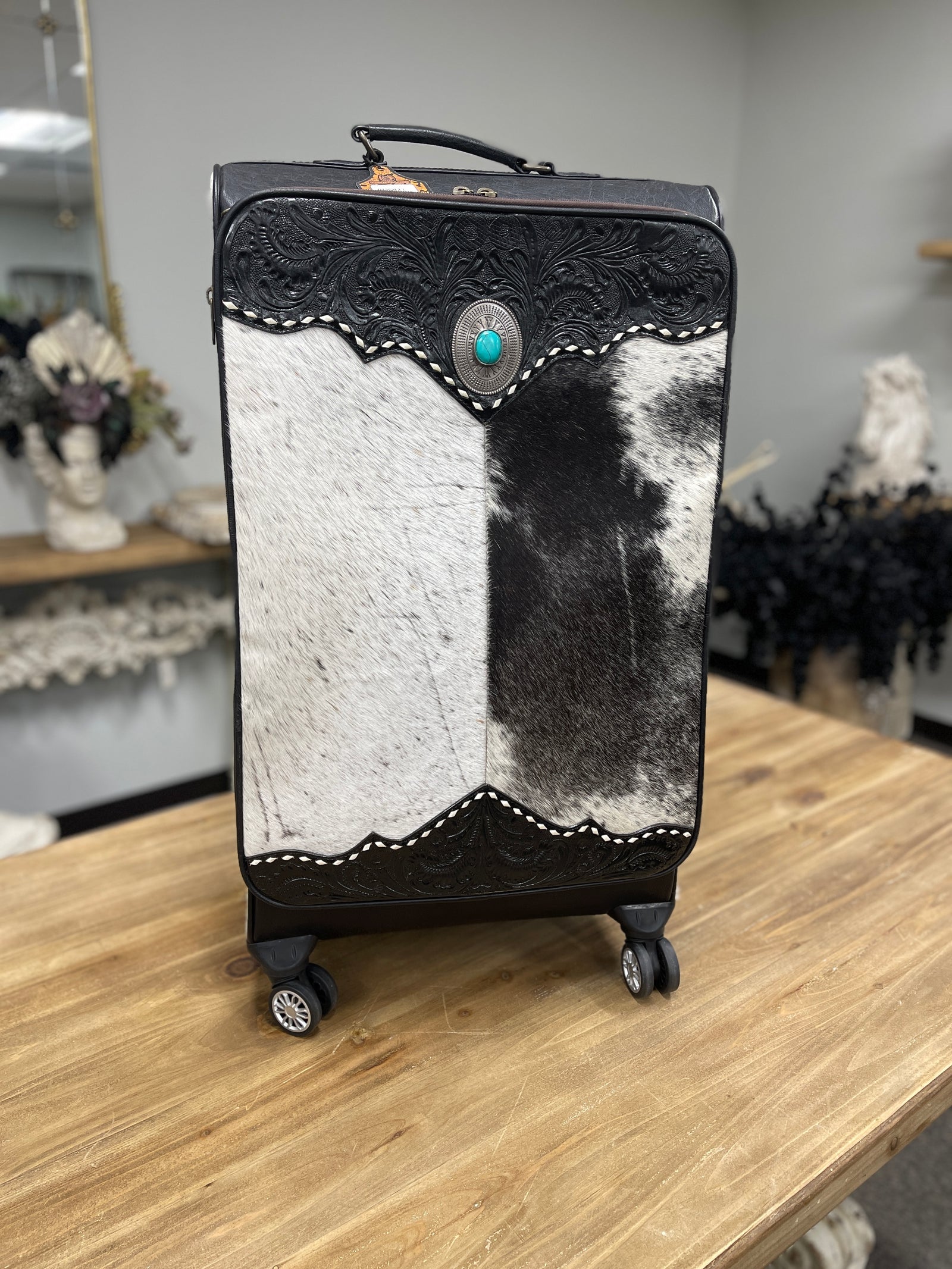 Rolling Luggage Leather Tooled and Natural Cowhide