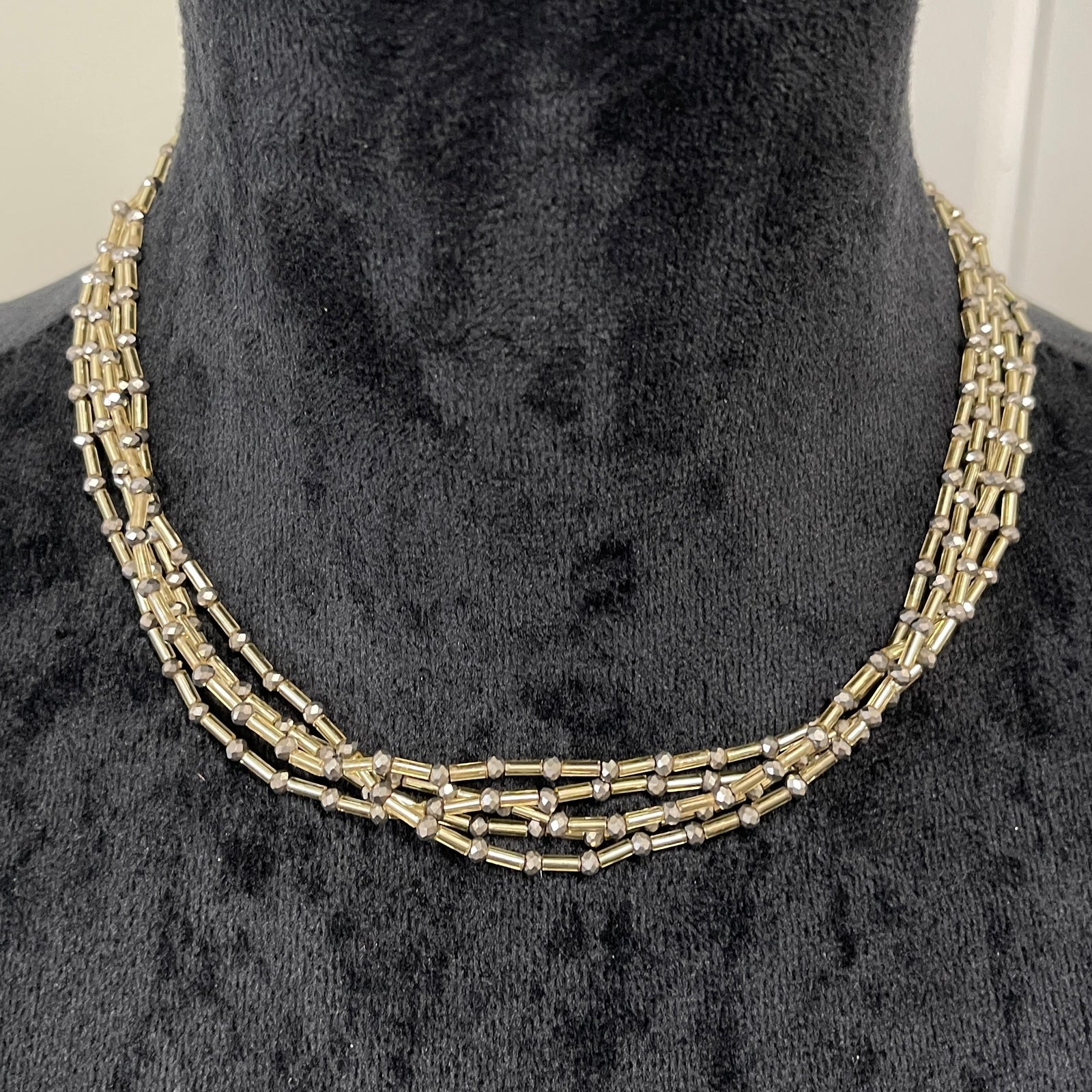 5 Strand Gold Tone and Pewter Bead Necklace