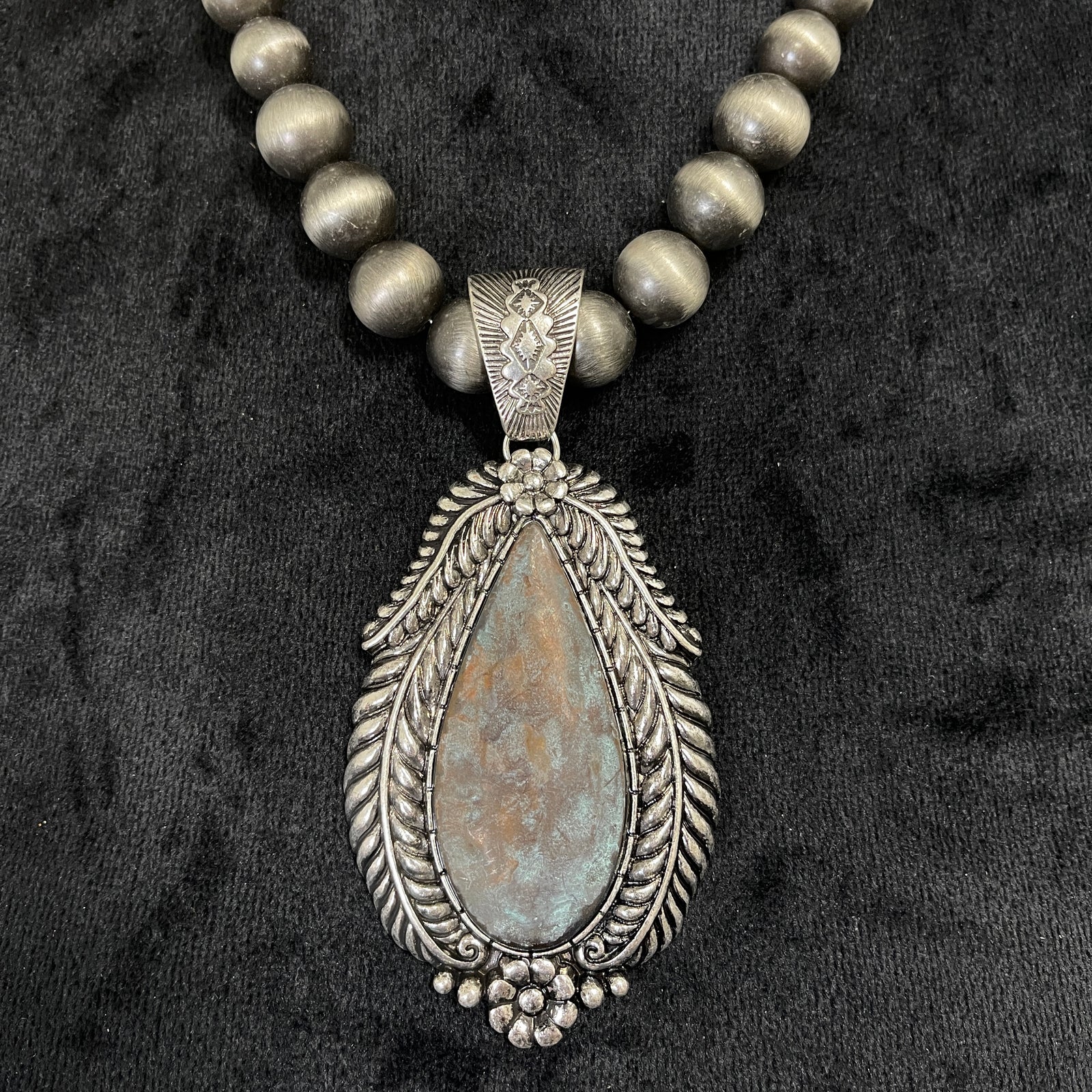 Faux Navajo Beaded Necklace with 3in Blue Gray and Copper Stone Medallion 3