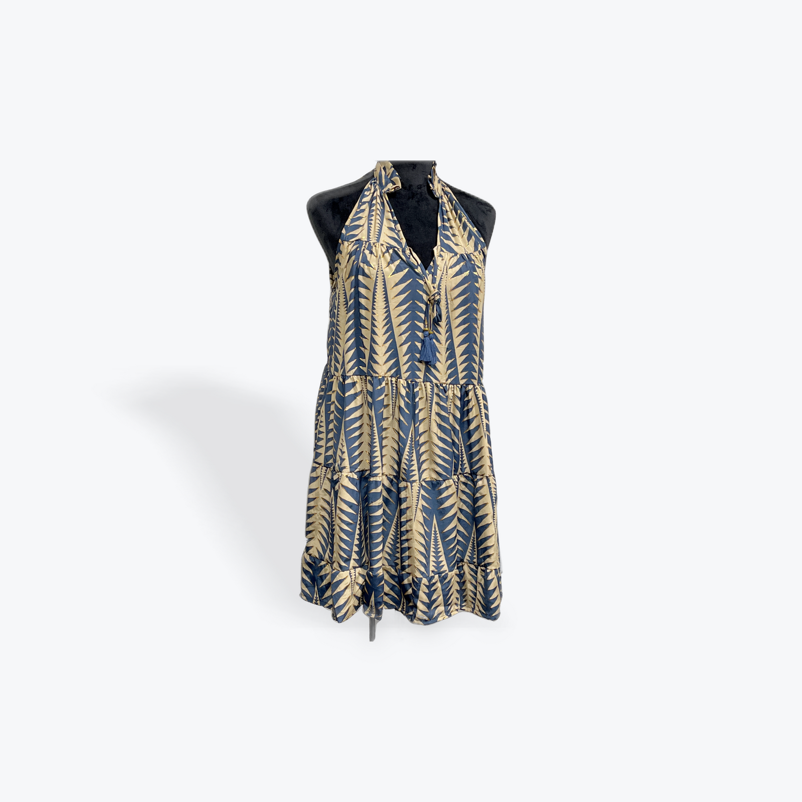 Ruffle Neck Halter Dress: Taupe/Blue/Gold