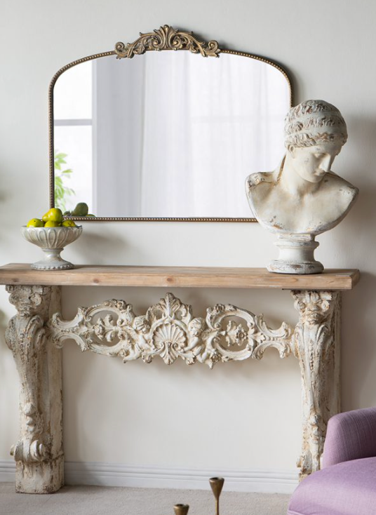 Wooden Accent Shelf with Ornate Magnesium Design