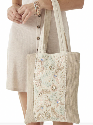 Floral Beaded Tote: Cream