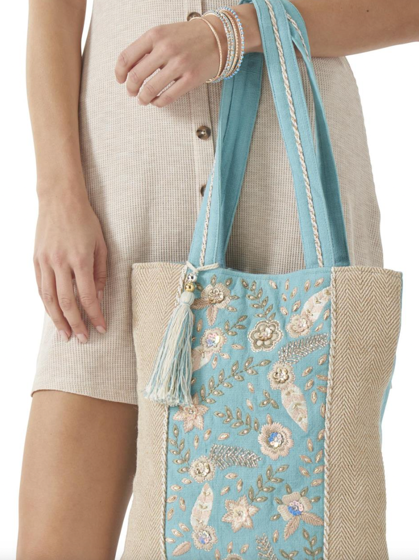 Floral Beaded Tote: Blue