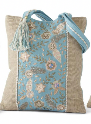 Floral Beaded Tote: Blue