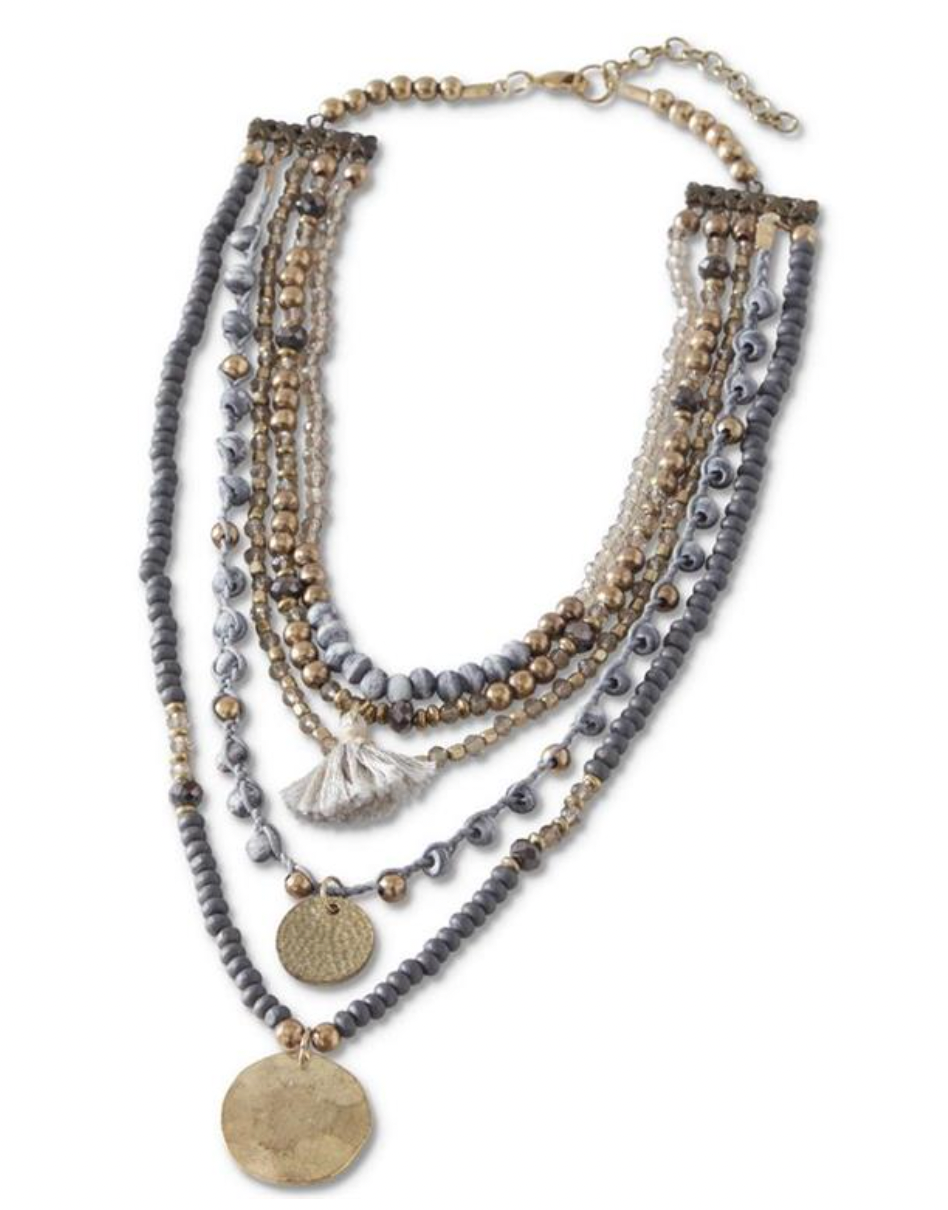 Beaded Five Strand Necklace: Gray Brown