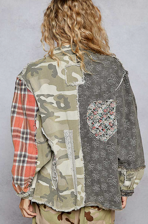BALLOON SLEEVE PATCH JACKET: BLACK MULTI