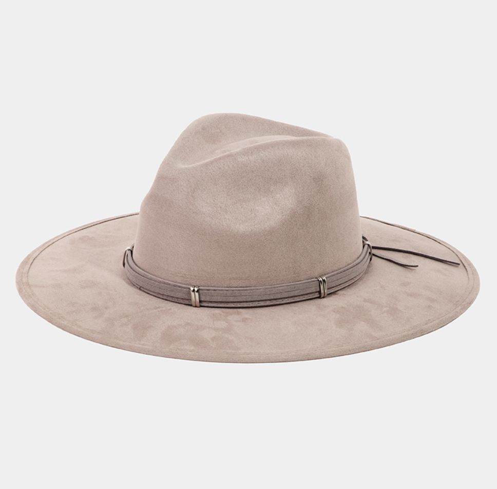 Wide Brim Fedora Hat with Leather and Silver Band