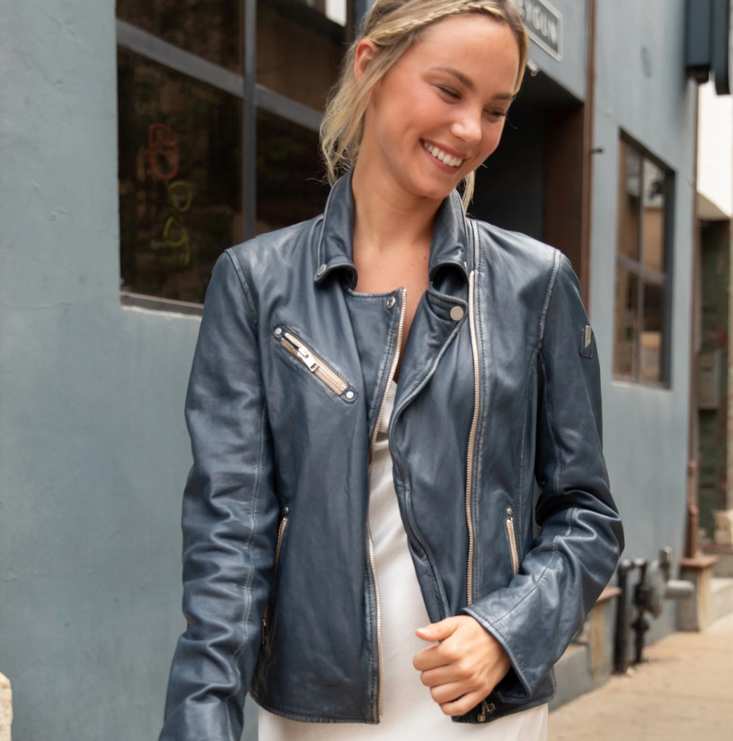 Sofia Lamb Skin Jacket, Denim Blue