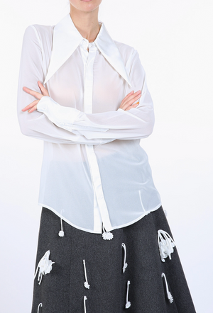Satin Long Collar Detail Semi Sheer Blouse