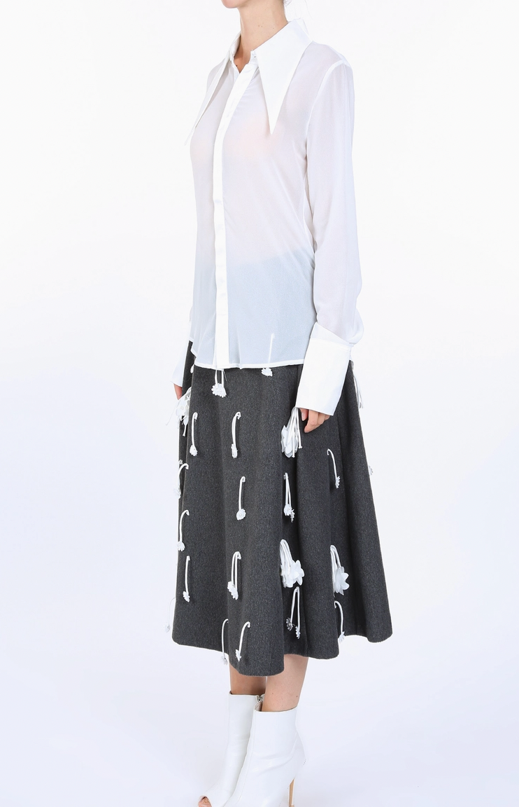 Satin Long Collar Detail Semi Sheer Blouse