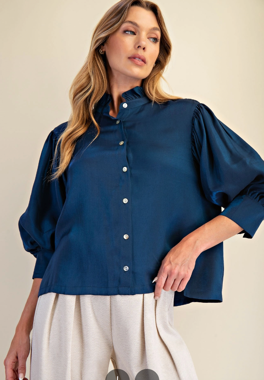 Ruffle Neck Top with 3/4 Sleeve