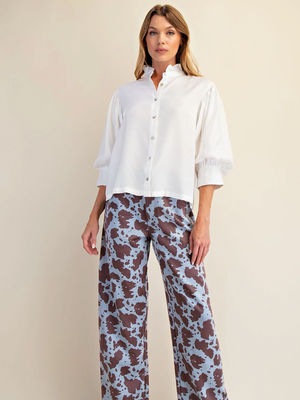 Ruffle Neck Top with 3/4 Sleeve