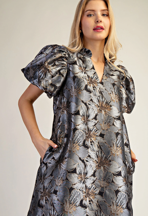 Ruffle V-Neck Puff Sleeve Mini Dress