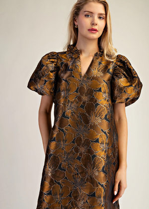 Ruffle V-Neck Puff Sleeve Mini Dress