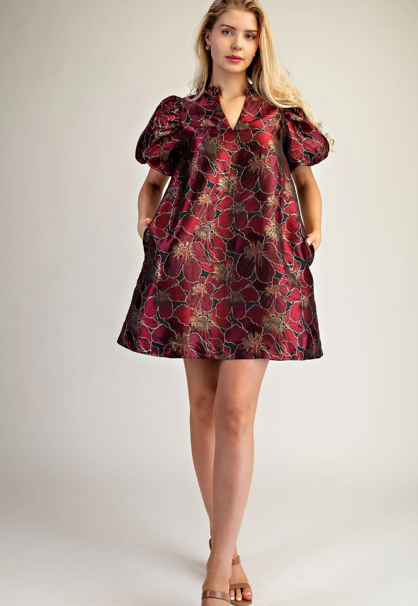 Ruffle V-Neck Puff Sleeve Mini Dress