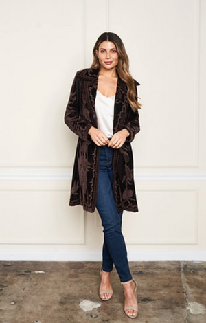 Stretch Velvet Button Tonal Embroidered Jacket