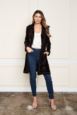 Stretch Velvet Button Tonal Embroidered Jacket