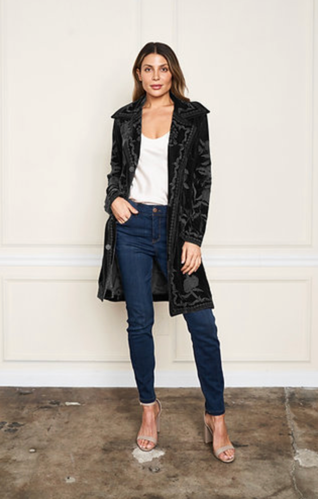 Stretch Velvet Button Tonal Embroidered Jacket