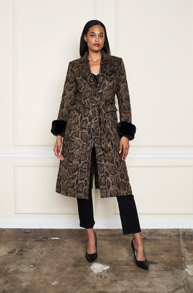 Leopard Print Coat w/ Removable Fur Cuffs