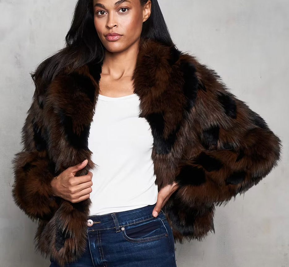 Faux Mink Crop Jacket: Black/Brown
