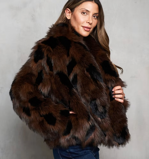 Faux Mink Crop Jacket: Black/Brown