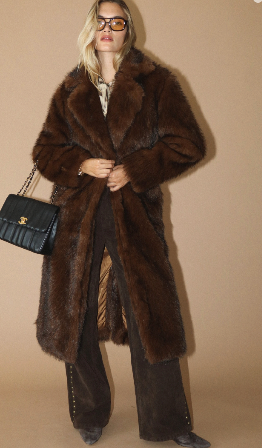 Long Belted Faux Fur Coat: Brown
