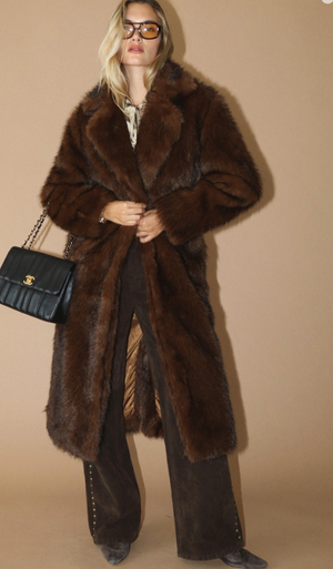 Long Belted Faux Fur Coat: Sand