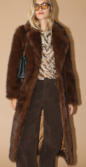 Long Belted Faux Fur Coat: Sand