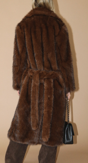 Long Belted Faux Fur Coat: Sand
