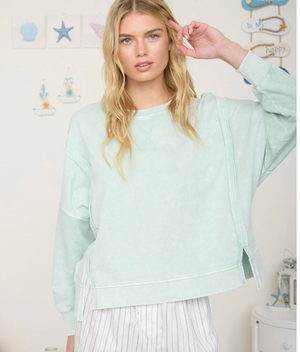 ACID WASH LONG SLEEVE SIDE SLIT KNIT TOP