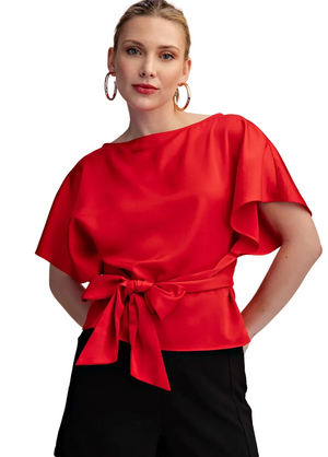 Two Way Boat Neckline Bell Sleeve Waist Tie Top