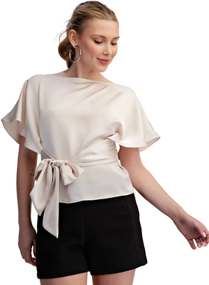 Two Way Boat Neckline Bell Sleeve Waist Tie Top