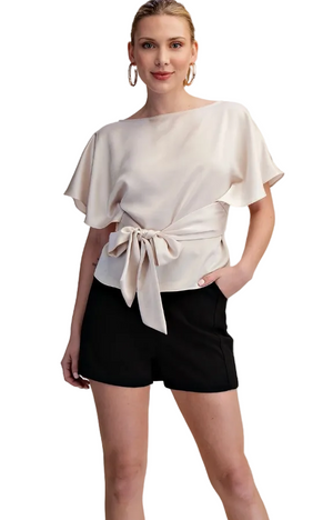 Two Way Boat Neckline Bell Sleeve Waist Tie Top
