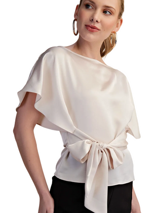 Two Way Boat Neckline Bell Sleeve Waist Tie Top