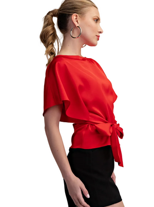 Two Way Boat Neckline Bell Sleeve Waist Tie Top