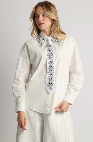 Multi-Embellished Collar & Satin Tie Button Shirt
