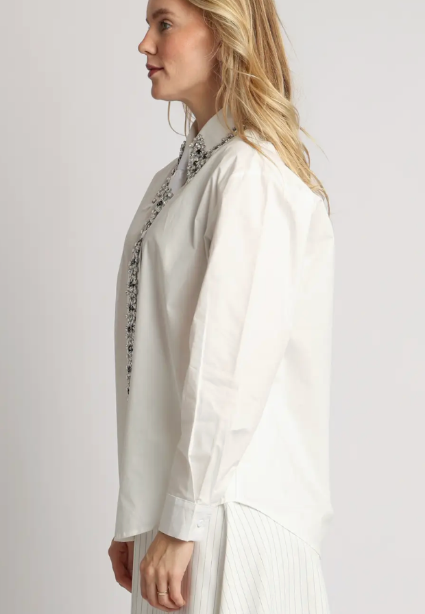 Multi-Embellished Collar & Satin Tie Button Shirt