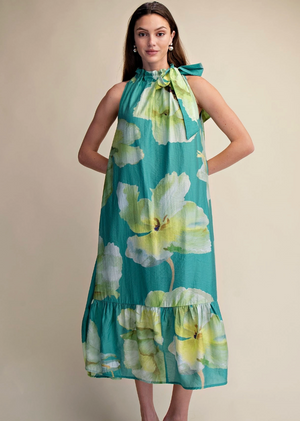 Ruffle Neck Tie Sleeveless Midi Floral Dress