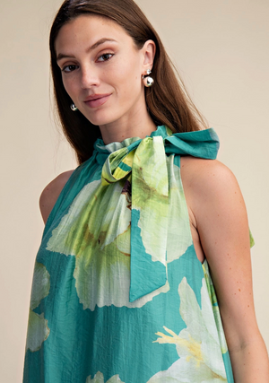 Ruffle Neck Tie Sleeveless Midi Floral Dress