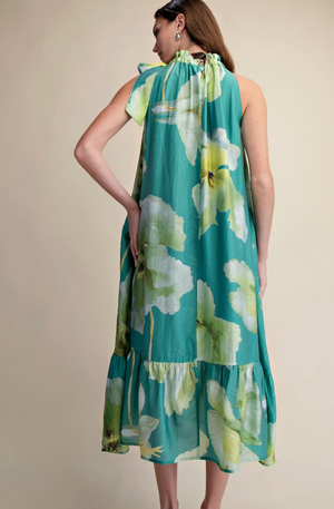 Ruffle Neck Tie Sleeveless Midi Floral Dress