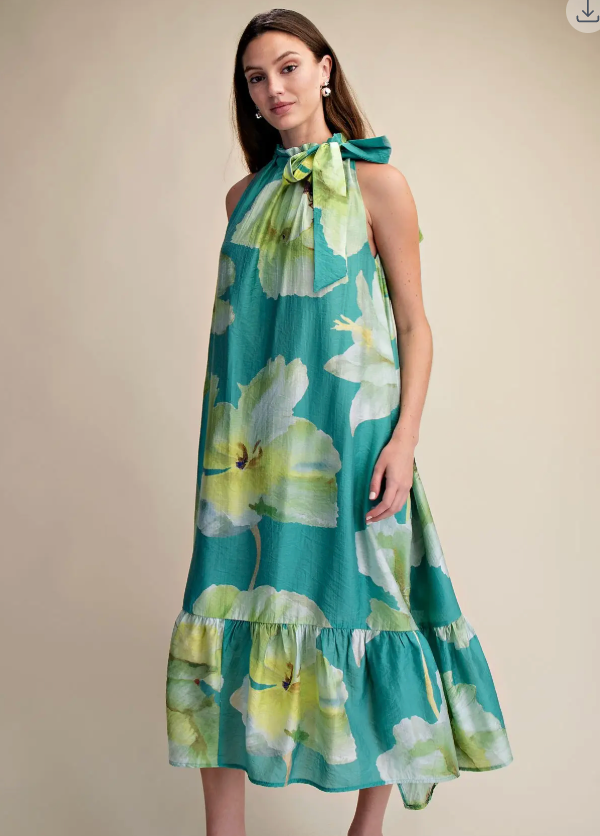 Ruffle Neck Tie Sleeveless Midi Floral Dress